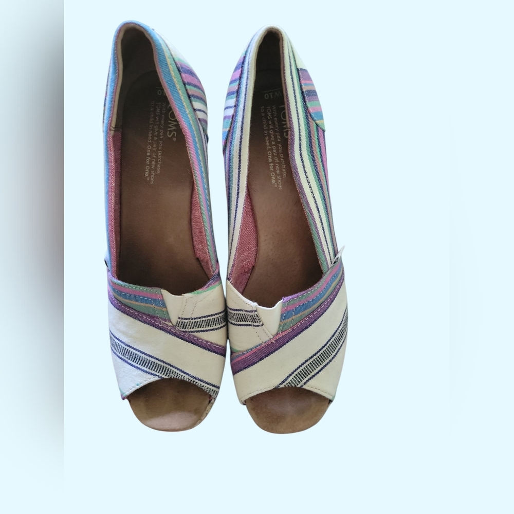 TOMS Women’s Stacked Canvas Wedge Heel Rainbow Stripe Sz 10 #2